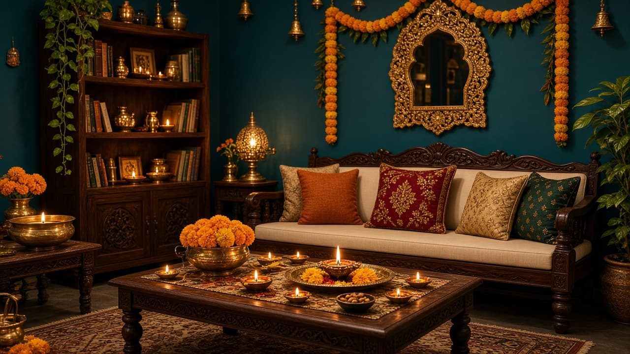 Bright Indian living room styled for Diwali with diyas and fresh flowers